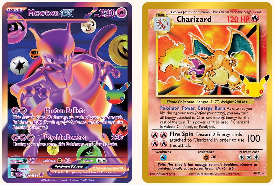 Mewtwo ex Futuristic rare and a Base Set Charizard reprint from Pokémon TCG 30th Celebration