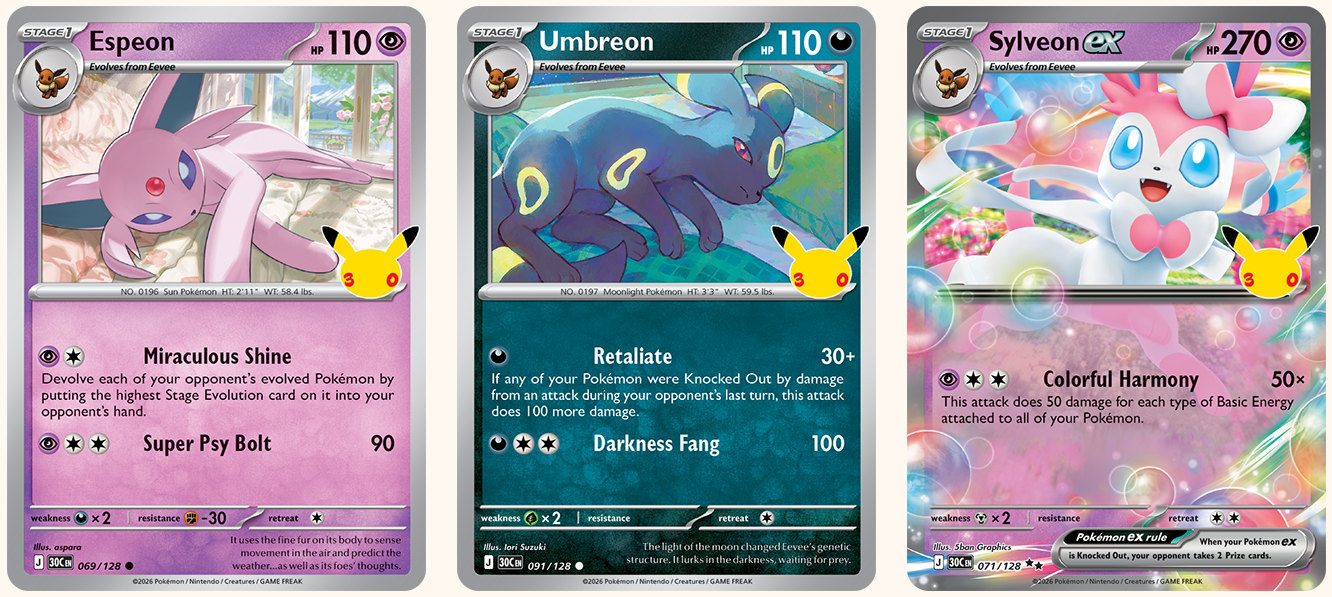 Espeon, Umbreon and Sylveon ex from Pokémon TCG 30th Celebration