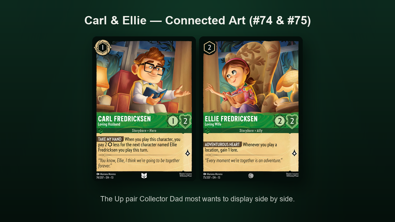 Carl and Ellie connected-art cards (numbers 74 and 75) from Disney Lorcana Attack of the Vine, shown side by side
