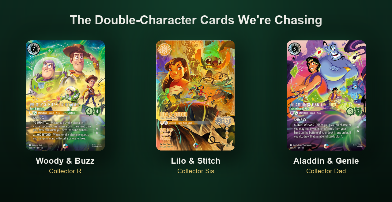 Woody and Buzz, Lilo and Stitch, and Aladdin and Genie double-character cards from Disney Lorcana Attack of the Vine