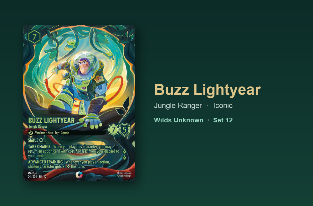 Buzz Lightyear, Jungle Ranger, an Iconic Lorcana chase card reportedly worth over 3000 dollars