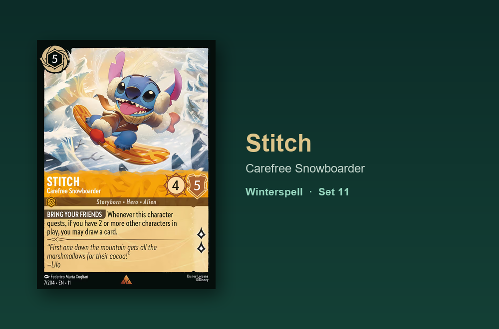 Stitch, Carefree Snowboarder, a Rare Lorcana card from Winterspell