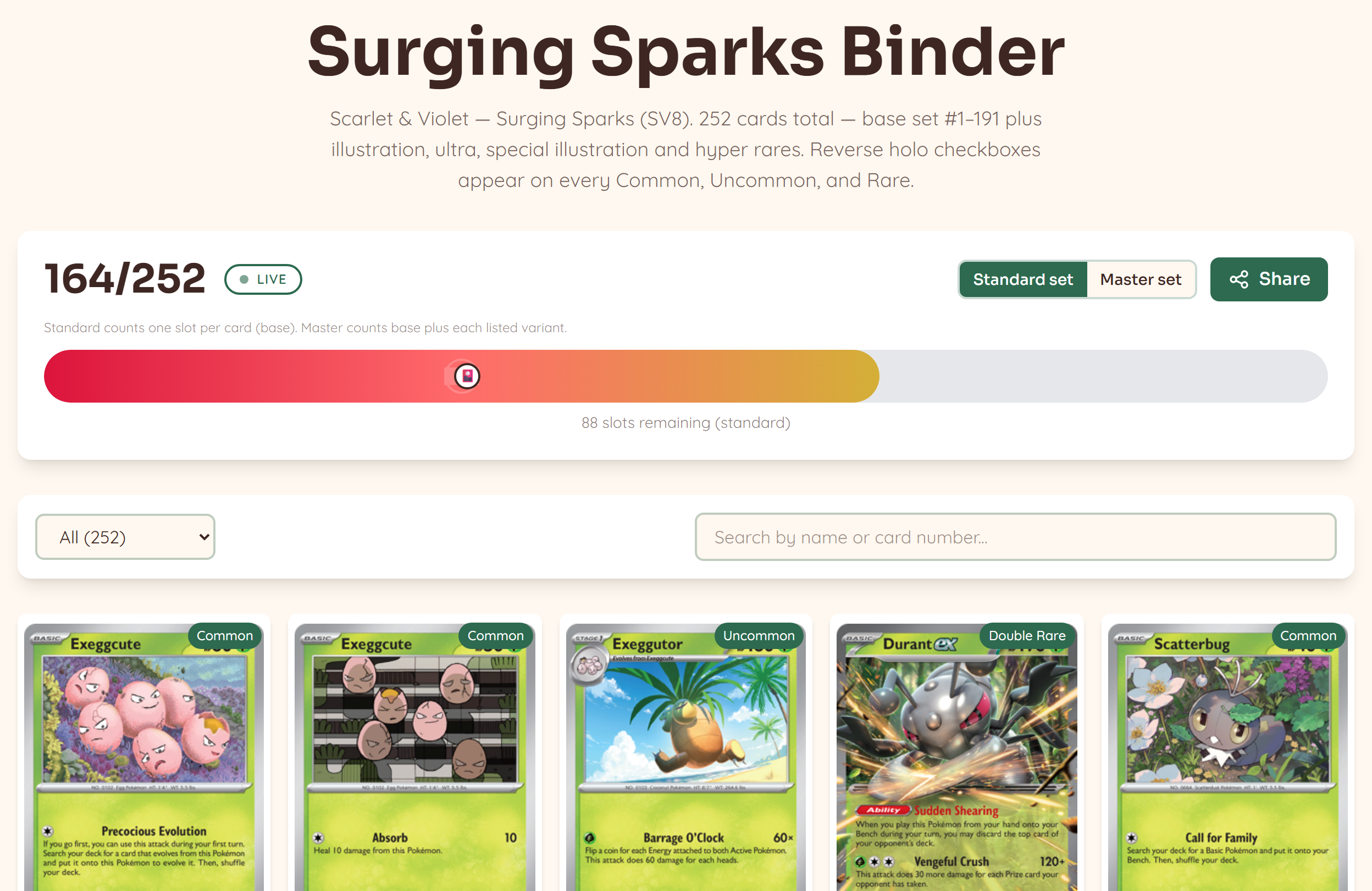 Our live Surging Sparks digital binder tracker at 164/252 &mdash; 65% of the standard set, updating as we fill slots